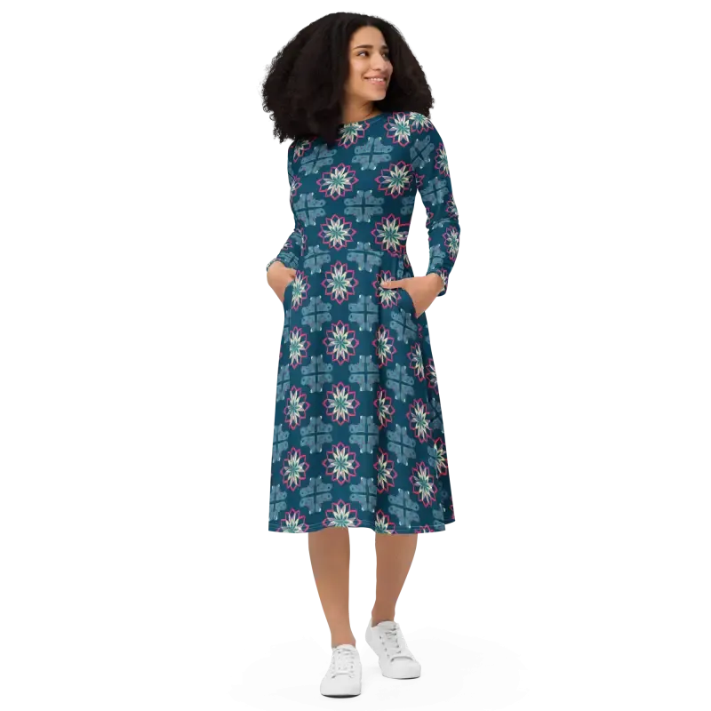 Epic Pink Long Sleeve Midi Dress Mandala