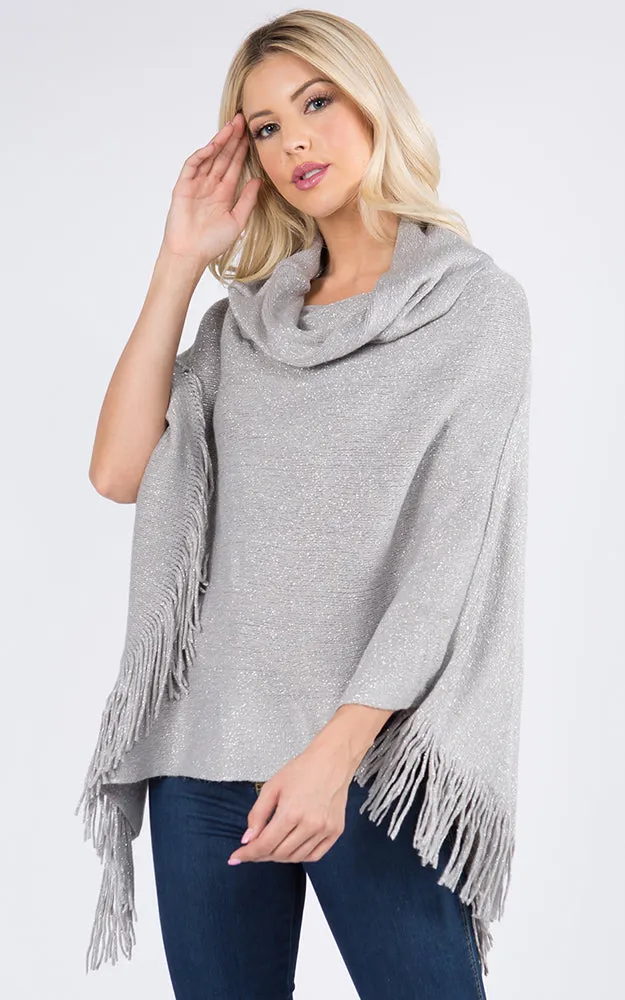 PA20D7 Metallic Solid Poncho with Fringe