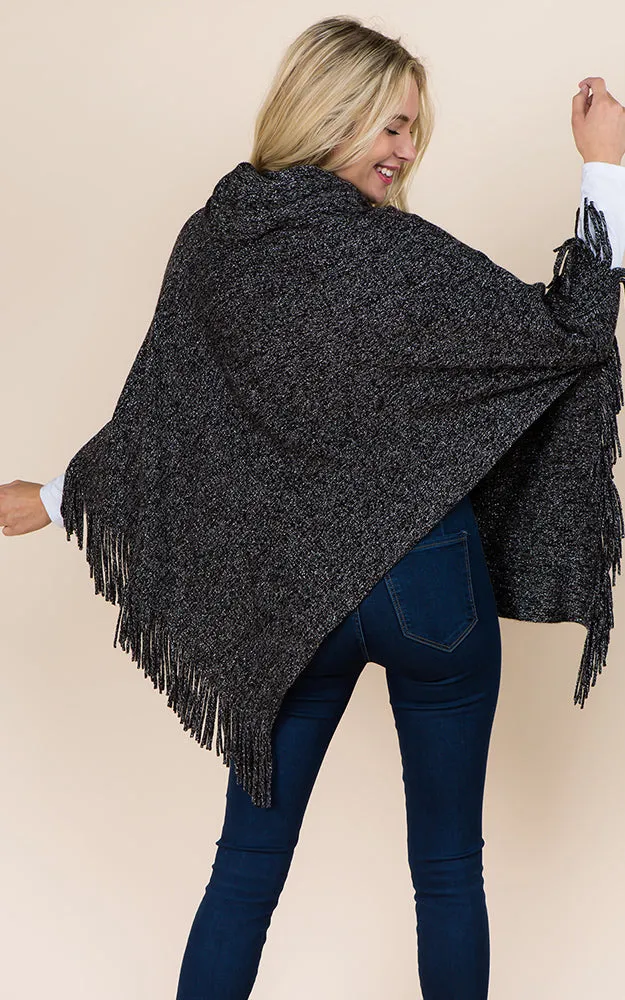 PA20D7 Metallic Solid Poncho with Fringe