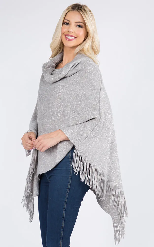 PA20D7 Metallic Solid Poncho with Fringe
