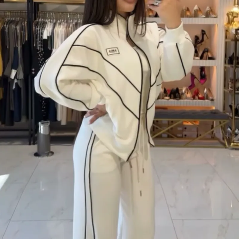 Turtleneck Striped Top  Wide-Leg Pants 2-Piece Set